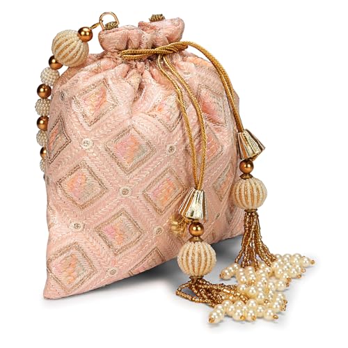 Image of LONGING TO BUY Indian Embroidered Pearl Potli Bag For Women, Sequence Design with Tassel, Wedding Potli Bags