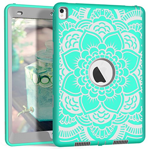 Hocase Compatible with iPad Pro 9.7 Case, Heavy Duty Shockproof Hybrid Silicone Rubber Hard Protective Case with Cute Floral Pattern - Teal/Grey