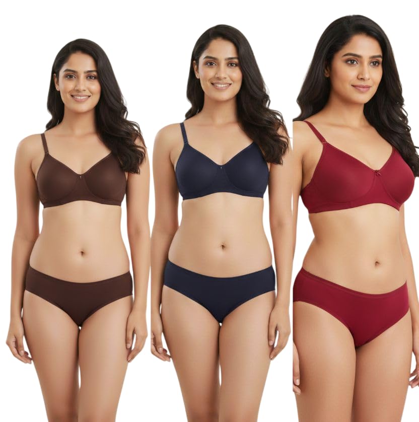 feguro Women's Padded Non-Wired Bra and Panty Set Pack of 3, Seamless Comfort Lingerie Combo, Soft Everyday Innerwear, Brown Navy Maroon-picture-50