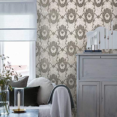 Paste The Wall only Platinum Embossed Slavyanski Modern wallcoverings roll Victorian Plaster Effect Damask Pattern Vinyl Non-Woven Wallpaper Gray Grey Silver Bronze Metallic Textured Gold Glitters 3D