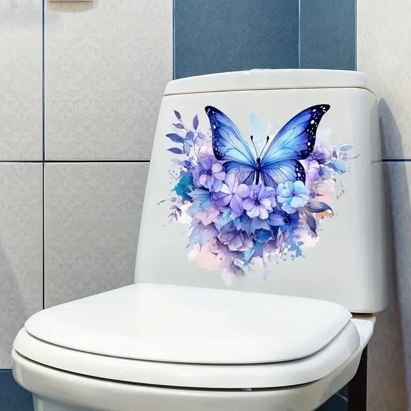 Purple Plant Flower Butterfly Toilet Cover Sticker Decals,Spring Flower Leaf Butterfly Waterproof Toilet Lid Tank Seat Decals Cistern Self-Adhesive Bathroom Wall Sticker