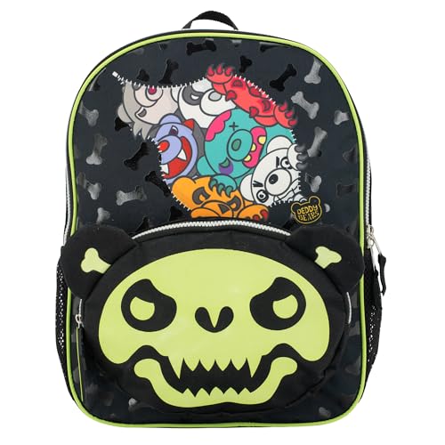 AI ACCESSORY INNOVATIONS Deddy Bears Bones Plush Glow in The Dark Backpack for Girls & Boys, Creepy Cute 16" School Bag, Black
