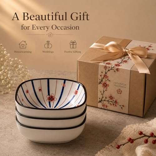 Image of Japanese Ceramic Bowl Set of 4 | 200ml for Dips, Snacks & Desserts Square Serving Bowls | Microwave & Dishwasher Safe, Small Bowls for Sauce, Ramen, Fruits & Side Dishes (Sakura Burst)