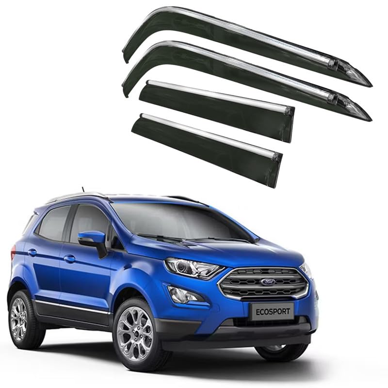 Image of CAR SAAZ Side Door Visors for Ecosport (2017-2021)(Set of 4Pcs)|Chrome Lined Rain Guards, Polycarbonate, Smoke Finish