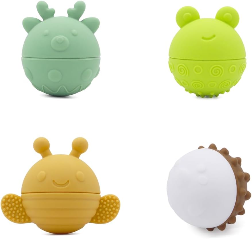 Baby Sensory Massage Balls with Rattle, 4 Pack Silicone Infant Tactile Stimulation Toys for Babies 0 Months and Up, Animal Textured Squeeze Balls for Sensory Play & Baby Massage