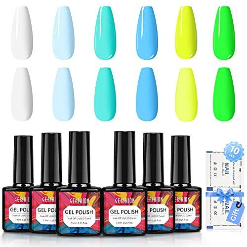 GERSHION Gel Nail Polish Kit,6 Pcs Nail Polish Set,Summer Gel Polish Set,Yellow Green White Gel Polish Soak off Gel Nail Colors, Gel Polish Kit with10 Pcs Nail Polish Remover Pads H-15