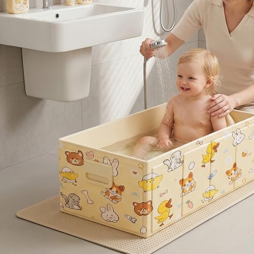 Baignoire pour bébé pliable portable jaune compacte avec support ergonomique de bain