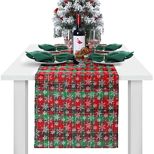 Shinowa 40 x 183cm Chemin de Table de Noël Pliable, Nappe de Table Lavable avec Flocon de Neige pour Noël, Décoration de Table Ruban de Table pour Fête, Anniversaire, Mariage - Rouge/Blanc/Vert Cover
