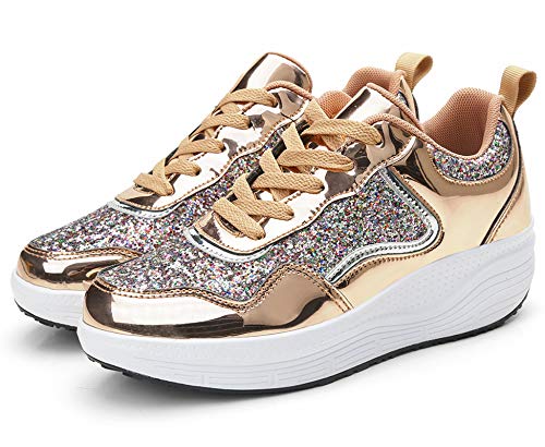 DADAWEN Women's Glitter Platform Wedge Athletic Tennis Walking Shoes Sparkly Sequin Lightweight Non Slip Casual Comfort Fashion Sneakers Gold US Size 7