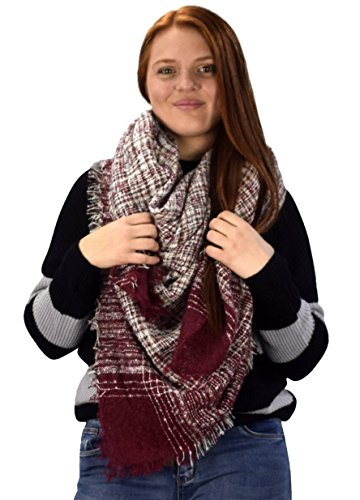 Peach Couture Multicolor Tartan Plaid Oversized Blanket Scarf Shawl Wrap Poncho (Burgundy)