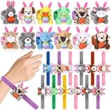 Blueweenly 24 Pcs Easter Stuffed Animal Slap Bracelets Plush Animal Snap Bracelet Bulk Easter Bunnies Eggs Wrist Bands for Party Favors Basket Stuffers Classroom Prizes Egg Hunt