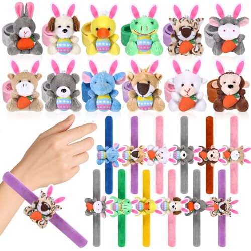 Blueweenly 24 Pcs Easter Stuffed Animal Slap Bracelets Plush Animal Snap Bracelet Bulk Easter Bunnies Eggs Wrist Bands for Party Favors Basket Stuffers Classroom Prizes Egg Hunt