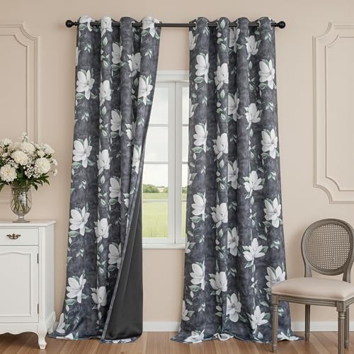 Image of MYSKY HOME Floor to Ceiling Floral Blackout Curtains 108 Inches Long 2 Panels Set Black Out Thermal Insulated Energy Efficient Spring Flower Printed Grommet Drapes, Pack-2, 52 inchW Each Panel, Deep Grey