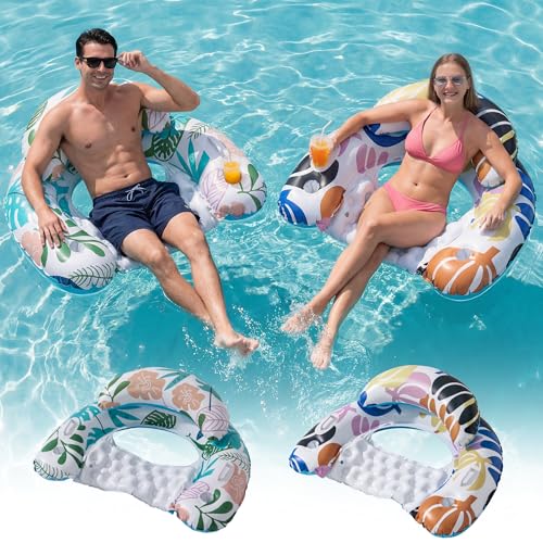 2 Pack Pool Floats Adult, OKSUWATER Pool Floaties with Two Cup Holders & Handles, Inflatable Pool...