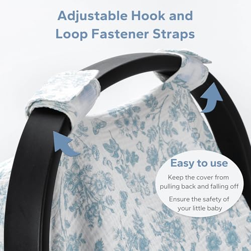 Image of SERAPHY 100% Muslin Cotton Car Seat Covers for Babies - Universal, Breathable Canopies for Boys and Girls - Soft Summer Car Seat Cover - Blue Flowers