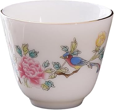 2pc-50ml/1.5oz Chinese Pattern Sheep Fat Jade Kung Fu Tea Cup Simple White Porcelain Tea Cup-birds twitter and fragrance of flowers