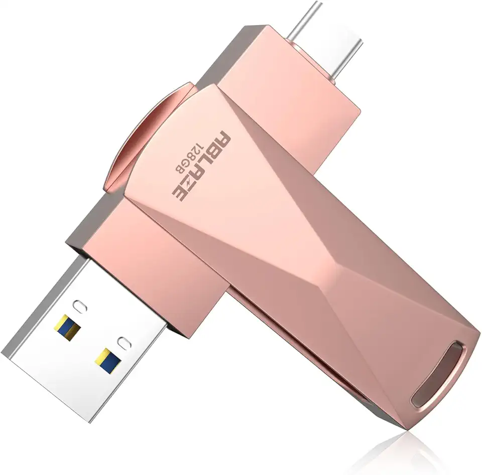 ABLAZE Flash Drive USB C de 128 GB, pen drive duplo USB 3.0 + tipo C compatível com iPhone 16/15, smartphone Android, computador, tablet, Mac Laptop (ouro rosa)