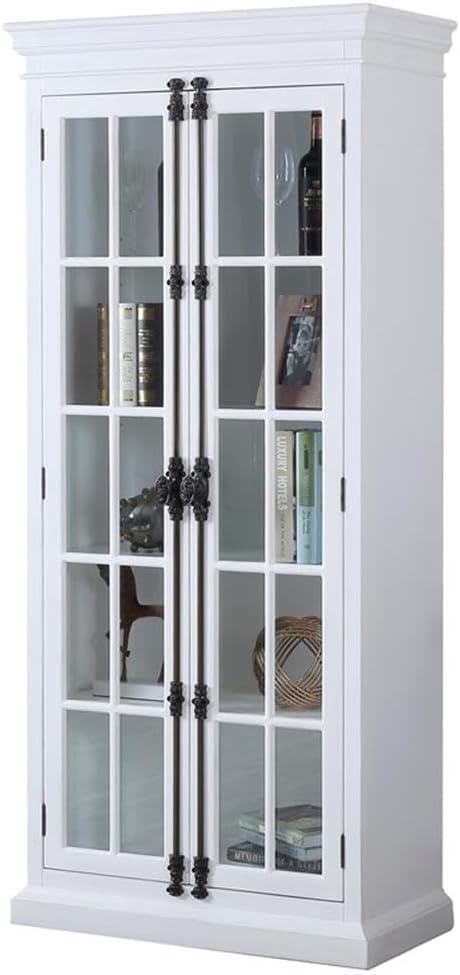 Pemberly Row Modern Antique White Wood Storage Curio Cabinet, 33.5" L x 16.5" D x 75.5" H, Solid Wood Construction, Clear Tempered Glass Doors, 5 Drawers, Antique Finish Knobs, Display Cabinet for