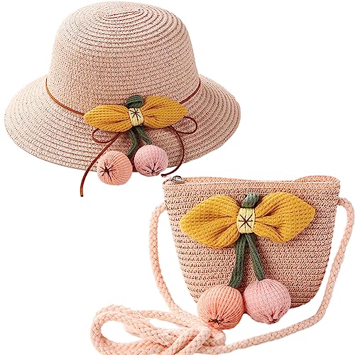 2Pcs Sombrero para El Sol para Niñas y Mini Bolso De Paja,Decoración De Pompón Sombrero De Paja Niña Princesa Sombrero para Viajes Al Aire Libre Vacaciones Playa