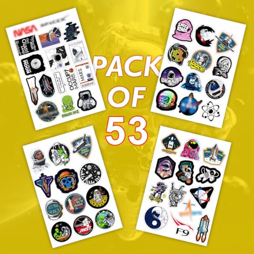 Image of CodersParadise Vinyl Pack of 53 Space Stickers For Laptop - Aesthetic Waterproof Nasa, Spaceship, Astronaut, Moon Stickers, Self-Adhesive, 7.6 cms