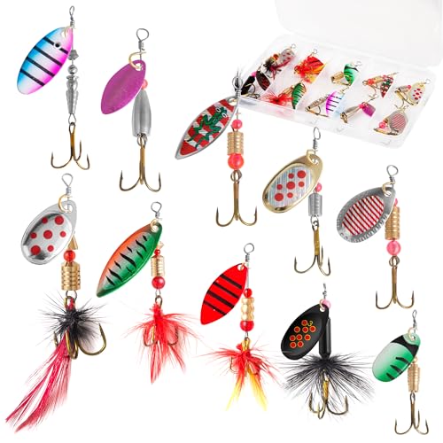 10PCS Spinner Baits with Tackle Box, Rooster Tail Fishing Lures