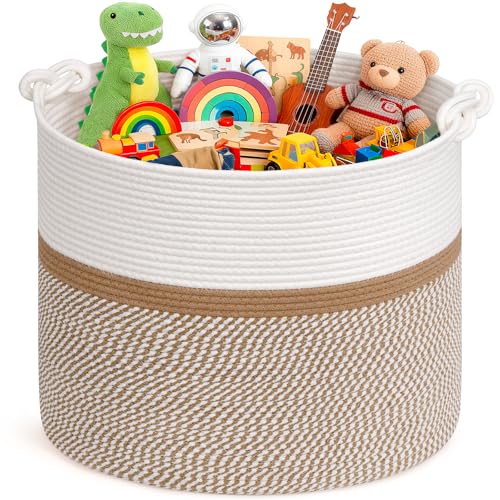 Goodpick 17"x16" Toy Storage for Kids, Home Décor Living Room, Woven Laundry Basket for Blankets Pillows Clothes, Baby Basket for Fall Decorations, White & Camel