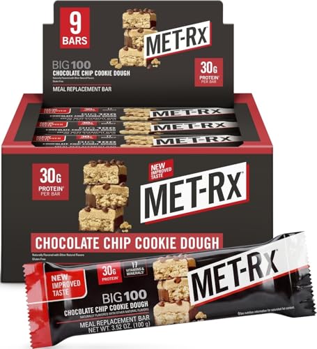 Image of MET-Rx Big 100 Protein Bars, Chocolate Chip Cookie Dough, 30g Protein, 9 Ct | Great as Healthy Meal Replacement, Snack, and Help Support Energy, With Vitamin A, Vitamin C, and Zinc