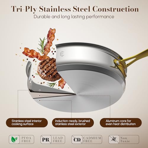 Image of Stainless Steel Cookware Set, Tri-Ply Pots and Pans Set, 20 Piece Kitchen Cooking Utensils Set with Lids, Gold Grip Handles, Induction, Oven, Non-Toxic, Dishwasher Safe, Professional Chef Quality