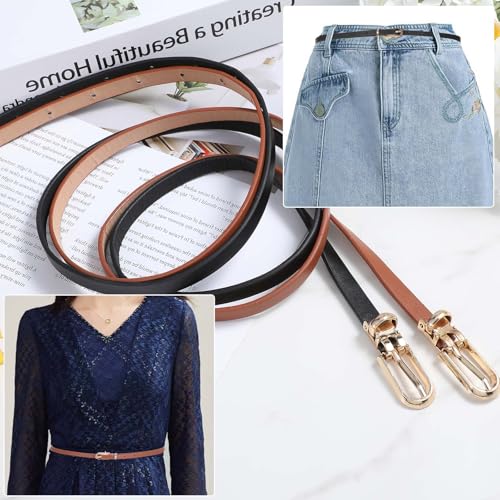 2 Pack Women Skinny Leather Belt for Jeans Dresses Pants Coats Thin Leather Black Brown Waist Belt with Adjustable Gold Metal Buckle for Shirts Sweaters Coats Women Ladies Girls4