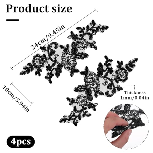 Appliques Patches, 4PCS Lace Embroidery Patches Black Embroidery Sequin Laces Appliques Lace Patch Sequin Bead Flower Laces Sew on Patch for Wedding Bridal Dress Sewing Craft DIY Clothes