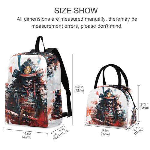 Backpack Lunch Bag Set Painting Japanese Samurai Print, Big Storage Travel Backpacks with Insulated Lunch Box for Office Hiking Picnic2