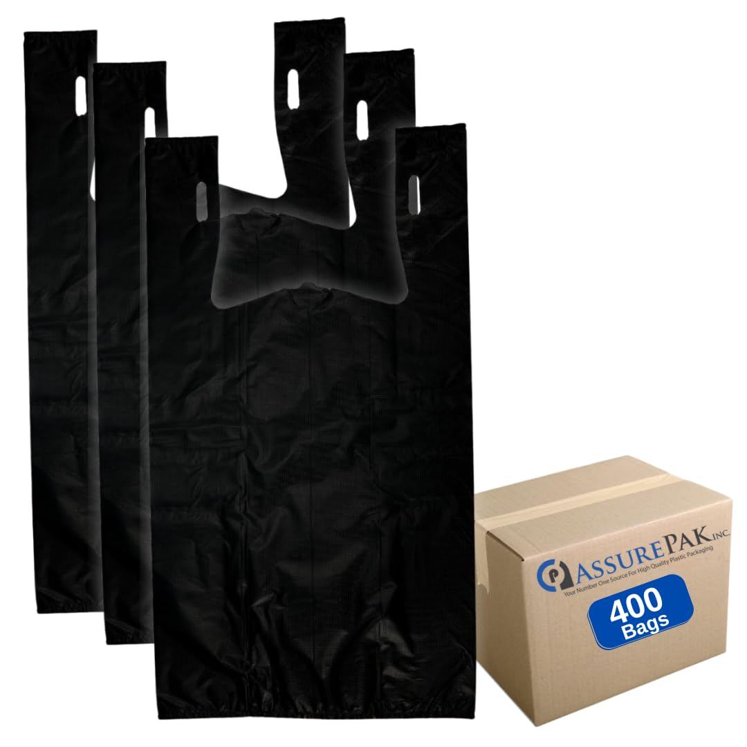 ASSUREPAK Easy Open - Black Unprinted HDPE T-Shirt Bags - 1/5 BBL 13"X9.5"X23" - 400 Bags - 30 microns - Black - Perfect for Grocery Shopping and