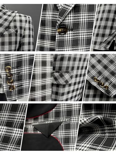 Men Black and White Plaid Blazer, Two-Button Sport Coat, Business Casual Lightweight Single Breasted3