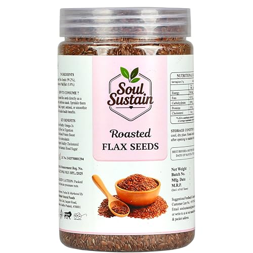 Image of SoulSustain Roasted Flax Seeds (420 GM) | Plant Protein & Fiber Snack | Omega 3 Nutrient Seeds | Gluten Free Vegan Snack for Smoothies, Baking, Salad Topping, Breakfast, Travel, Workout Energy