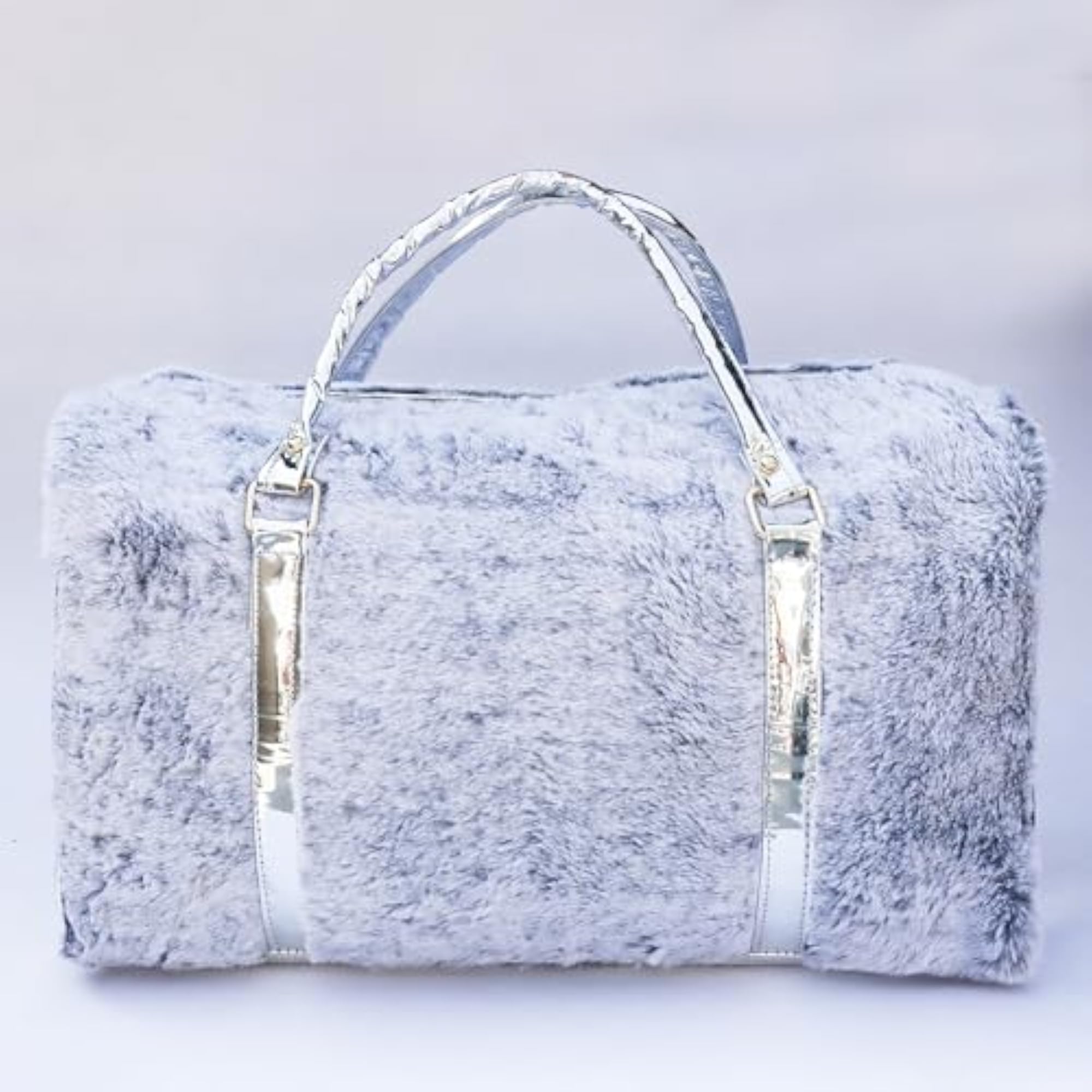 Grey Faux Fur Duffel Bag with Metallic Silver Handles