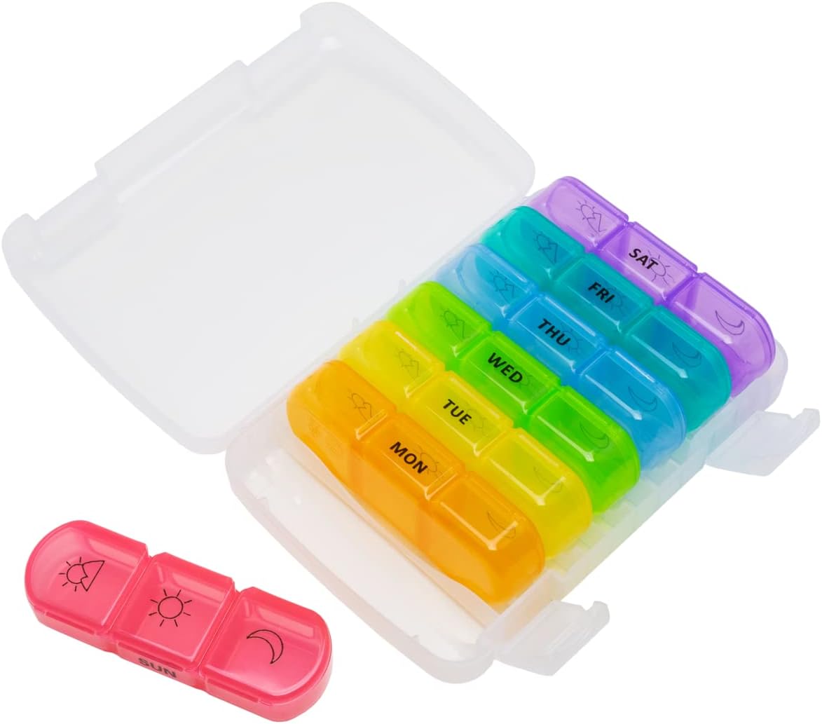 Weekly (7-Day) Pill Organizer, Vitamin and Medicine Box, Large Pop-Out Compartments, 3 Times a Day, Rainbow Colors