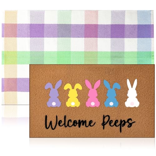 Duraaamo 2 Pcs Easter Coir Doormat Outdoor Rug Bunny Rabbits