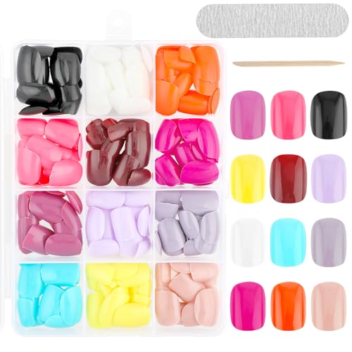 Amabro 12 paquetes de 288 uñas cortas redondas para presionar uñas postizas cortas con cobertura completa de uñas postizas cortas con lima de uñas (brillante)