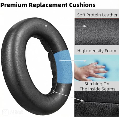 Reposición de almohadillas QC Ultra 1 2 para auriculares Bose QuietComfort Ultra – Almohadillas de repuesto de cuero proteico suave y espuma de memoria, aislamiento de ruido mejorado, instalación fácil (Negro) miniatura 3