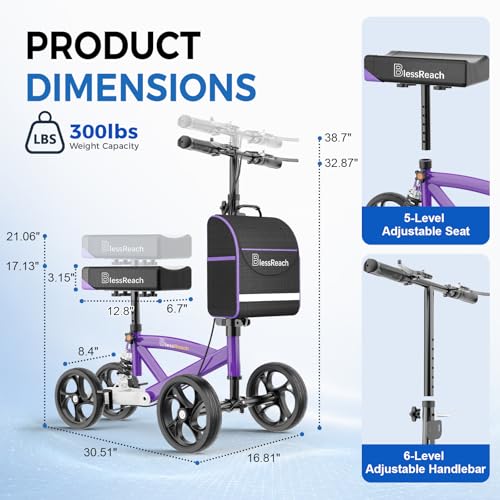 Image of BlessReach Steerable Knee Walker Deluxe Medical Scooter for Foot Injuries Compact Crutches, with Dual Rear on-Wheel Brake and Shock Absorption Under The Knee pad(Purple)