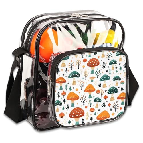 Clear Crossbody Bag Stadium Approved Mushrooms Transparent Bag for Festivals, Sports Events, Concerts,Beach Bag for Women Men Clear Purse with Front Pocket Messenger Bag with Adjustable Strap