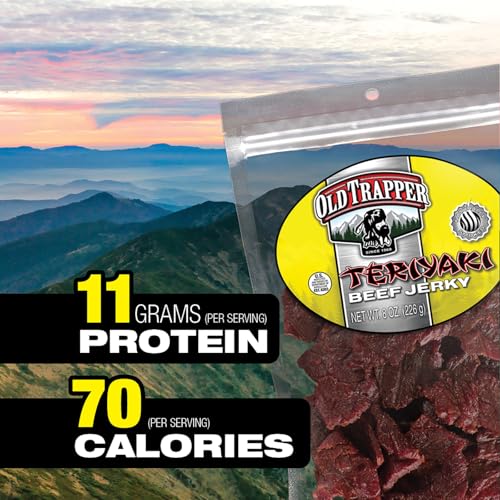 Image of Old Trapper Beef Jerky, Teriyaki 8 Ounce Individual Pack, Tender Meat Snack for Lunches or Between Meals, 11 Grams of Protein, Zero Grams of Fat, and 70 Calories per Serving (Pack of One)