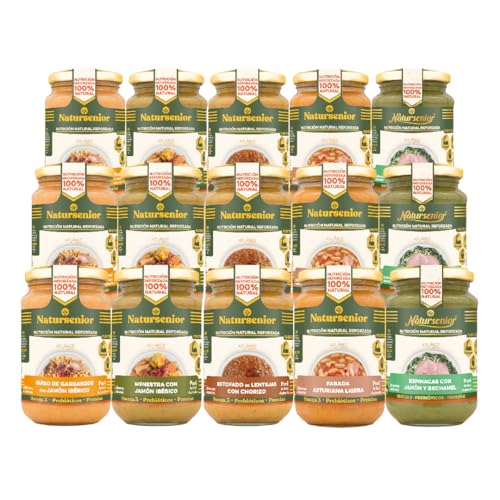 Natursenior - Comida Triturada para Personas Mayores - Pack Purés Variados Legumbres y Verduras - 100% Natural, Omega 3, Fibra, Proteína - 15 uds x 340g