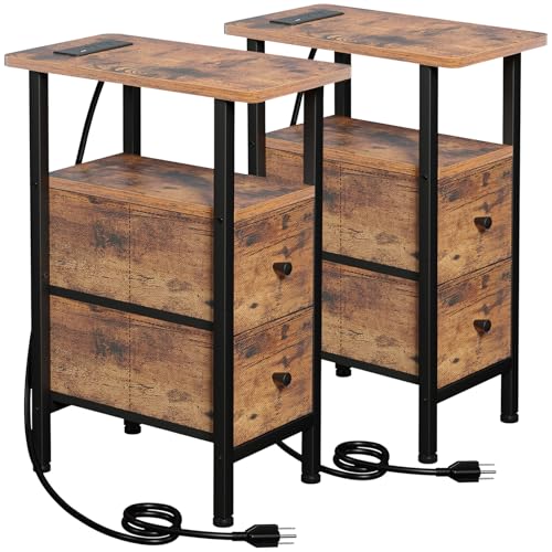 LOAKEKEL Narrow Nightstand with Charging Station, End Tables Living Room Set of 2, Skinny Side Table with Fabric Drawers, Slim Sofa Table for Bedroom, Small Spaces, Couch, Rustic Brown, HETNDP02PBR