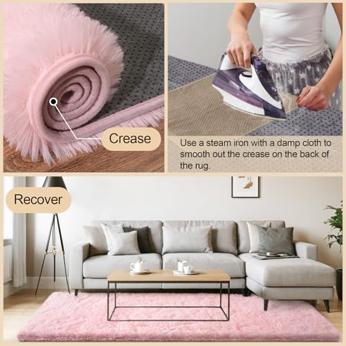 Pink Rugs for Bedroom, 3x5 Feet Fluffy Area Rugs for Living Room, Soft Shag Kids Rug Small Carpet with 4 Non-Slip Rug Pads (3ft x 5ft, Pink)