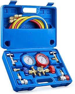 Orion Motor Tech AC Gauges, AC Manifold Gauge Set for R134a R12 R502 Refrigerant, 3 Way Car AC Gauge Set with 5FT Hoses Couplers & Adapter, Puncturing & Self Sealing Can Tap Freon Charge Kit
