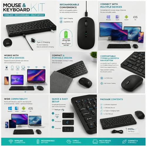 Image of Wireless Bluetooth Keyboard and Mouse Combo, Rechargeable Slim Multi-Device Keyboard with Bluetooth, Mouse with Bluetooth & 2.4G USB Receiver. (Black)