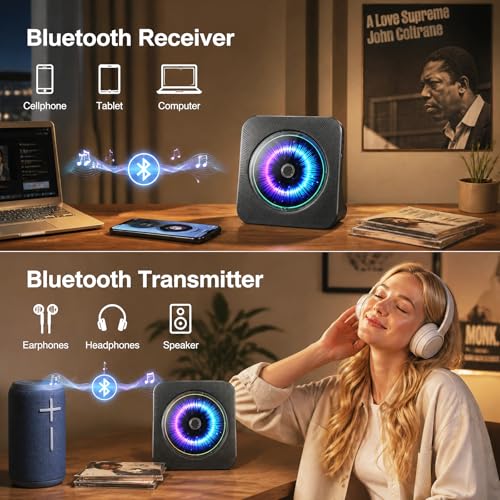 Image of CD Player Portable Bluetooth Desktop 4000mAh Rechargeable (Black) | CD Players for Home with Timer HiFi Speakers Dust Cover LCD Screen Display FM Radio 3.5mm AUX Jack Remote Control