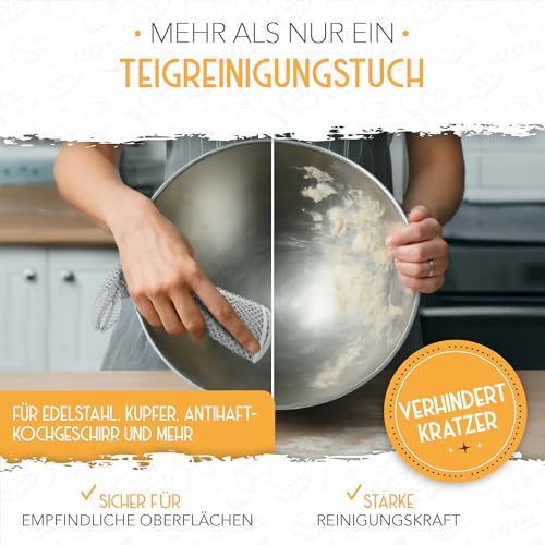 KRUSTENZAUBER 2er Set Teigreinigungstuch für hartnäckige Teigrückständen beim Brot backen, Teigentferner als Brot-backen Zubehör, Teigtuch als Reinigungstuch aus strapazierfähigem Polyester, Netztuch