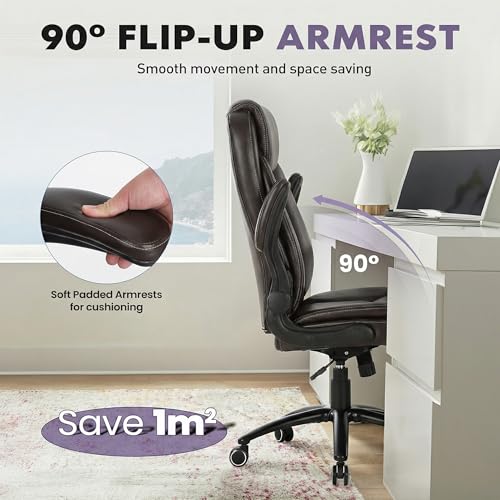 Image of 300lbs Capacity Executive Desk Chair Set of 2 with Ergonomic Lumbar Support, Flip-up Arms & High Back Leather Computer Chair for Home /Office, Brown